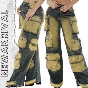 NWT! REHAB LAB High Rise Cargo Yellow Color Wash Wide-Leg Denim Jeans